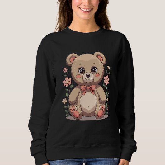 Cute Teddy Bear with Bow Tie and Pastel Flowers Trui (Voorkant)