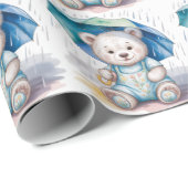 Cute Teddy Bear With Umbrella Boy Baby Shower Cadeaupapier (Rol Hoek)