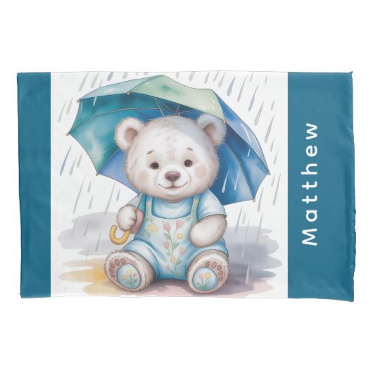 Cute Teddy Bear With Umbrella Boy Baby Shower Gift Kussensloop (Voorkant)