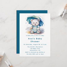 Cute Teddy Bear With Umbrella Boy Baby Shower 