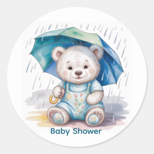 Cute Teddy Bear With Umbrella Boy Baby Shower Ronde Sticker (Voorkant)