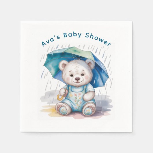 Cute Teddy Bear With Umbrella Boy Baby Shower Servet (Voorkant)