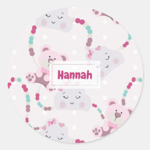 Cute Teddy Bears and Clouds Baby Girl Pattern Ronde Sticker
