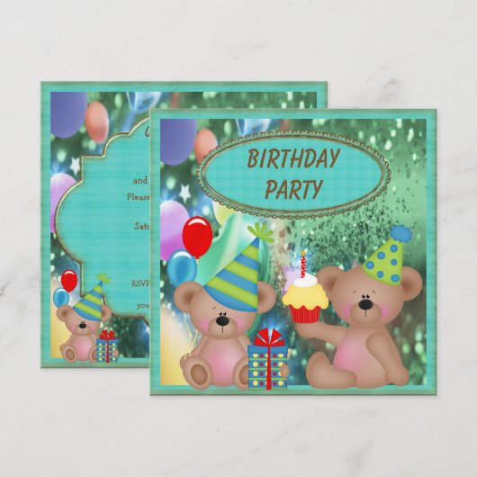 Cute Teddy Bears Birthday Party Kaart (Voorkant / Achterkant)