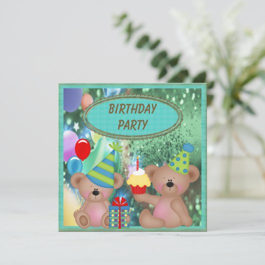 Cute Teddy Bears Birthday Party Kaart (Staand voorkant)