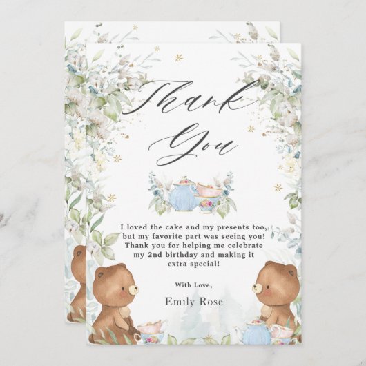 Cute Teddy Bears Tea for Two 2nd Birthday Party Bedankkaart (Voorkant / Achterkant)