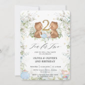 Cute Teddy Bears Tea for Two 2nd Birthday Party Kaart (Voorkant)