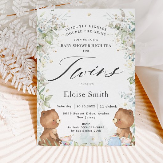 Cute Teddy Bears Twins High Tea Party Baby shower Kaart
