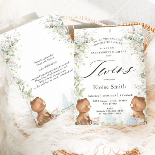 Cute Teddy Bears Twins High Tea Party Baby shower Kaart