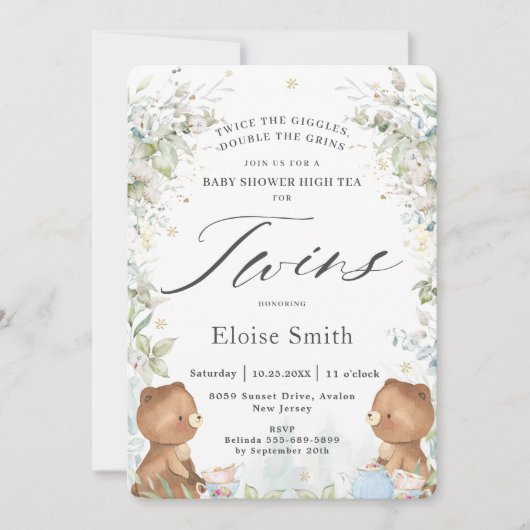 Cute Teddy Bears Twins High Tea Party Baby shower Kaart (Voorkant)