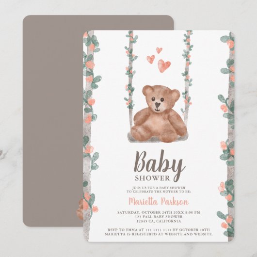 Cute teddy beer waterverf florale baby shower kaart (Voorkant / Achterkant)