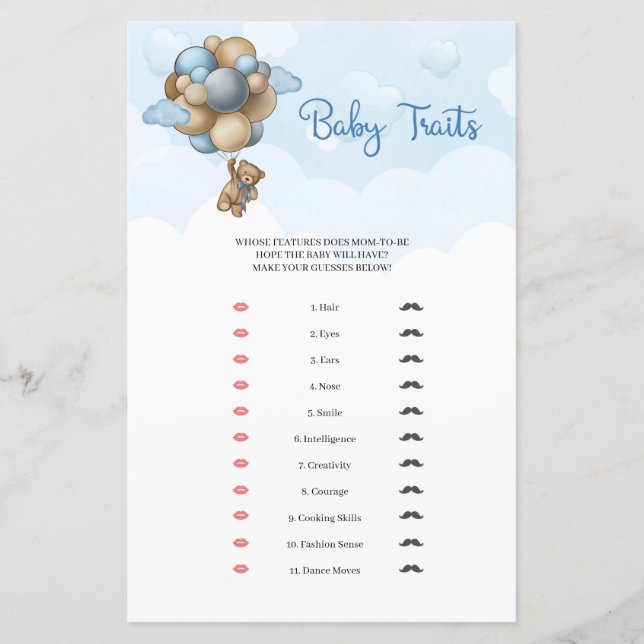 Cute teddy beige blue ballons Baby Traits (Voorkant)