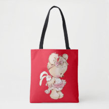 Cute teddy print red Canvas tas