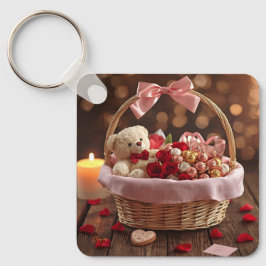 Cute Teddy Rose Basket Romantic Valentine Heart Sleutelhanger