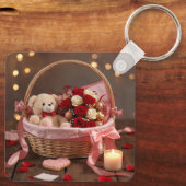Cute Teddy Rose Basket Romantic Valentine Heart Sleutelhanger (Achterkant)