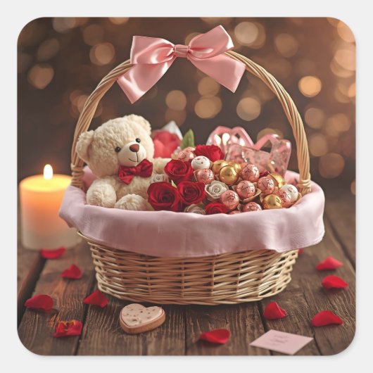 Cute Teddy Rose Basket Valentine Heart Vierkante Sticker (Voorkant)