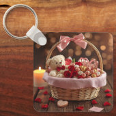 Cute Teddy Roze Mand Romantisch Valentijnshart Sleutelhanger (Voorkant)