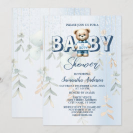 Cute teddybeer baby shower blauw bloemmotief kaart