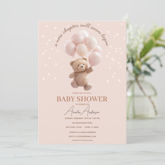 Cute Teddybeer Babyshower Uitnodiging met Roze B (Staand voorkant)