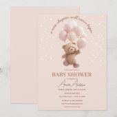 Cute Teddybeer Babyshower Uitnodiging met Roze B (Voorkant / Achterkant)