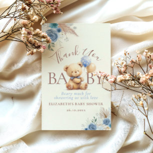 Cute Teddybeer Ballonnen Boho Blauwe Roos Bloemig Bedankkaart