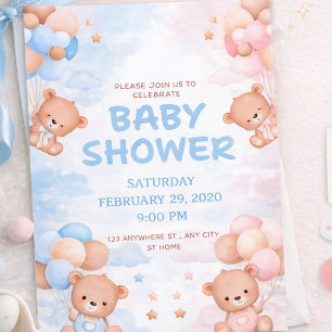 Cute Teddybeer & Blauwe Roze Ballon Baby Shower Kaart