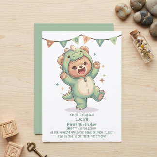 Cute Teddybeer Dinosaur | Dino Beer 1e Verjaardag Kaart
