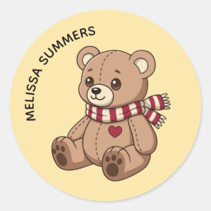 Cute teddybeer gestreepte sjaal aangepaste naam ge ronde sticker