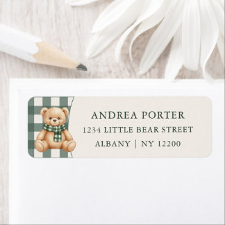 Cute Teddybeer Groene Geruite Baby Shower Etiket