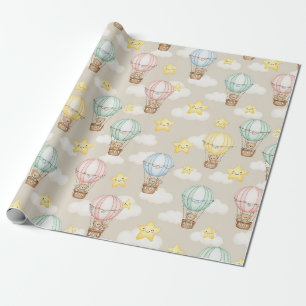 Cute Teddybeer Heet Luchtballon Neutraal Patroon 1 Cadeaupapier