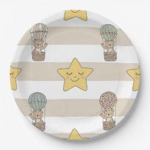 Cute Teddybeer Heet Luchtballon Neutraal Patroon 8 Papieren Bordje