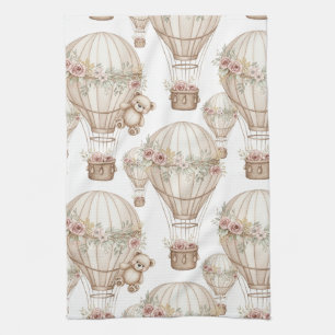 Cute Teddybeer Heet Luchtballon Neutraal Patroon 8 Theedoek