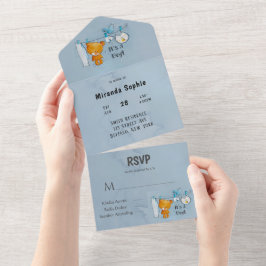 Cute Teddybeer Kledinglijn Jongen Baby Shower  All In One Uitnodiging