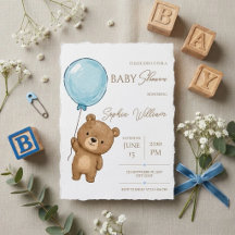 Cute teddybeer met blauwe ballon jongens baby show