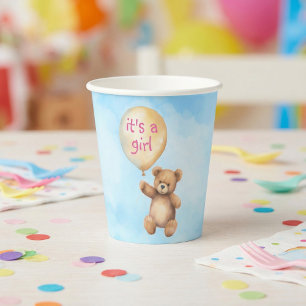 Cute teddybeer met zwevende ballon baby shower papieren bekers