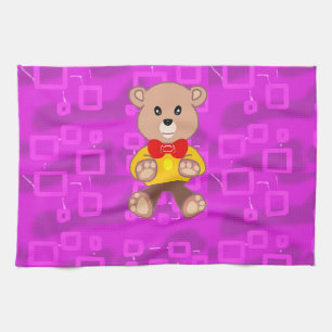 Cute teddybeer op roze geometrisch  theedoek