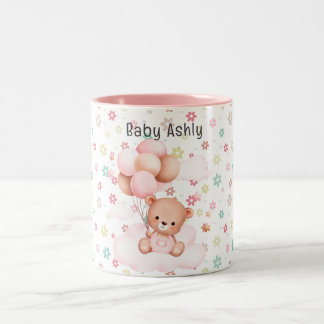 Cute teddybeer Roze bloemen met naam Kind  Tweekleurige Koffiemok