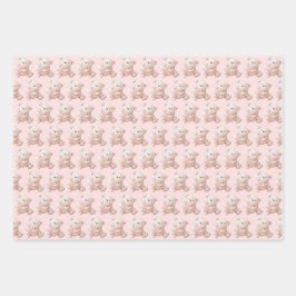 Cute Teddybeer Roze Geruite Gecoördineerd Inpakpapier Vel