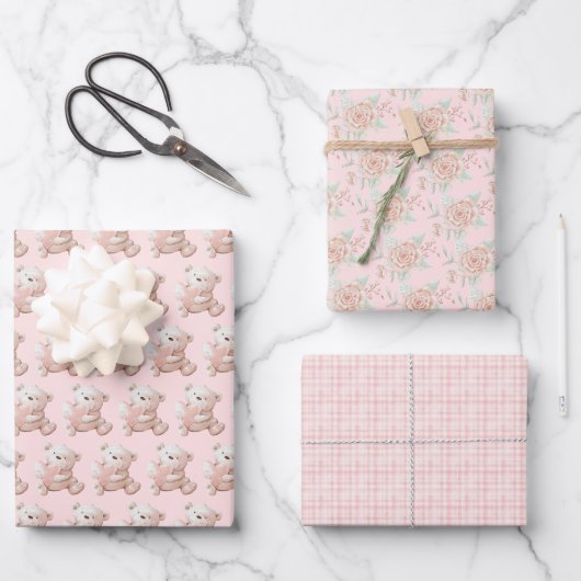 Cute Teddybeer Roze Geruite Gecoördineerd Inpakpapier Vel (Voorkant)