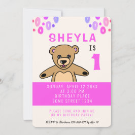 Cute Teddybeer Roze Meisje 1e Verjaardagsfeestje Kaart
