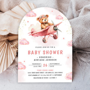 Cute Teddybeer Roze Vliegtuig Boog Baby Shower Kaart