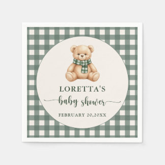 Cute Teddybeer Rustic Groen Geruite Baby Shower Servet