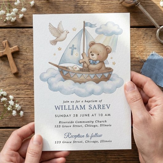 Cute Teddybeer Zeilboot Doop Uitnodiging Ontwerp