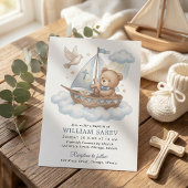 Cute Teddybeer Zeilboot Doop Uitnodiging Ontwerp