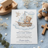 Cute Teddybeer Zeilboot Doop Uitnodiging Ontwerp