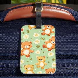 Cute teddyberen en bladerenpatroon groen bagagelabel