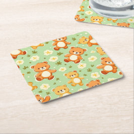 Cute teddyberen en bladerenpatroon groen kartonnen onderzetters