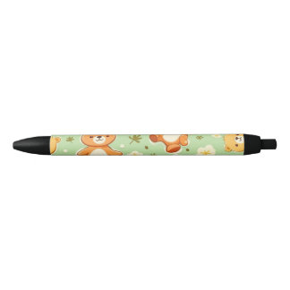 Cute teddyberen en bladerenpatroon groen zwarte inkt pen