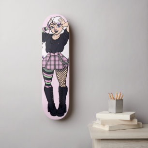 Cute Teen Punk Girl Pink Green Manga Illustratie Persoonlijk Skateboard