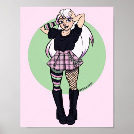 Cute Teen Punk Girl Pink Green Manga Illustratie Poster